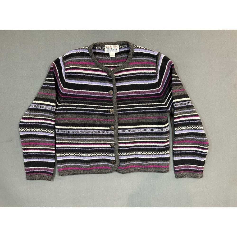 Tally Ho 100% Wool Sweater‎ Knit Striped Cardigan Button Up Cottagecore Size L